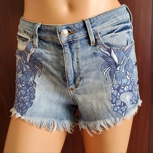 Guess Pineapple embroidered frayed hem shorts
